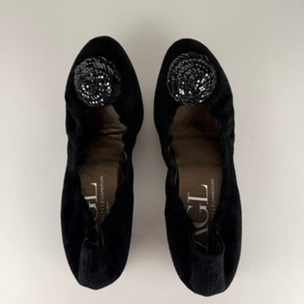 AGL Black Suede Flats 9 Leather Metal Rosette Flats Heel Ballet Minimal Office - Picture 6 of 12
